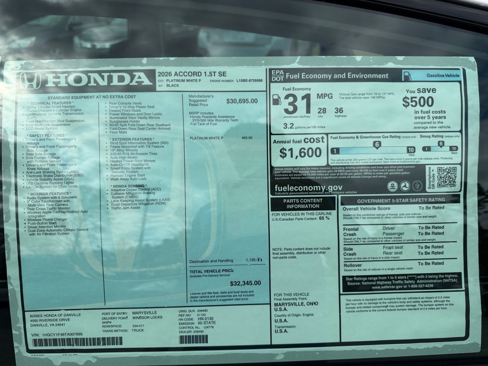 2026 Honda Accord Sedan SE